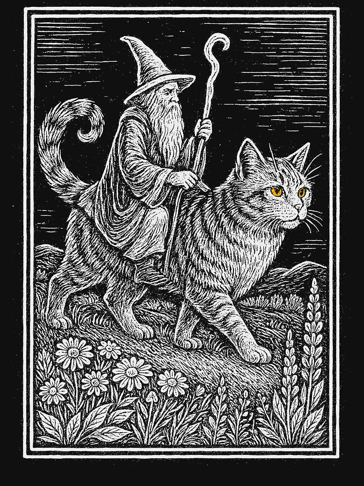 Wizard Cat Rider Vintage Shirt, Retro Fantasy Sweater, Medieval Sorcerer Shirt, Funny Cat Meme Shirt, Dark Art Fairycore Gift, Unisex by Rosqzz