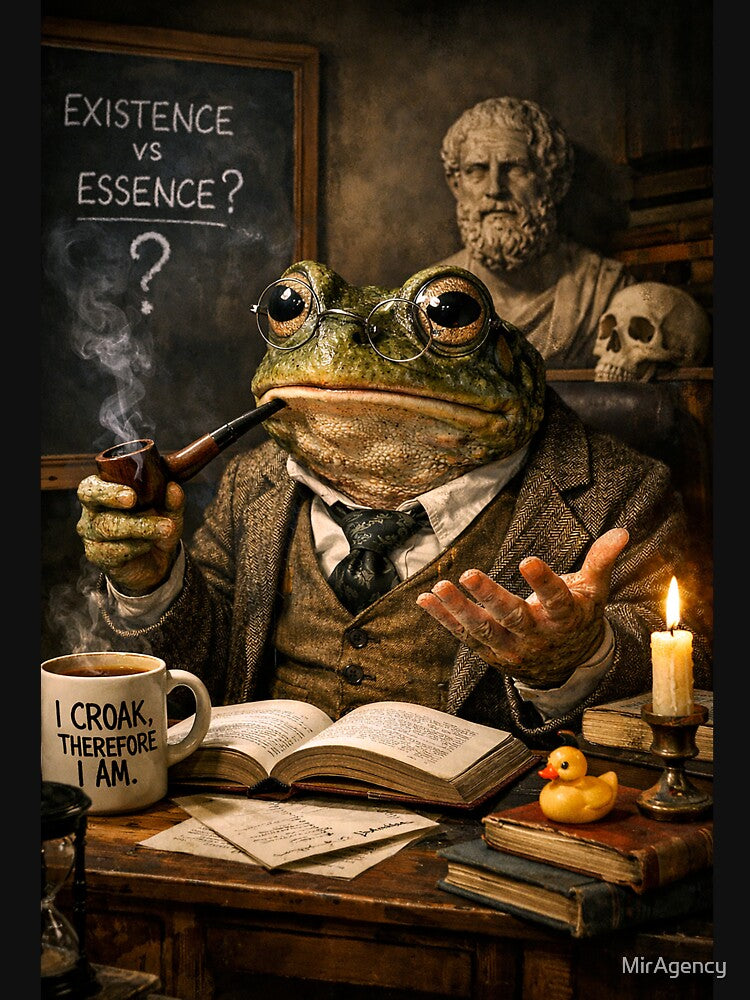 Existential Frog Philosopher – Dark Academic Humor Art by MirAgency