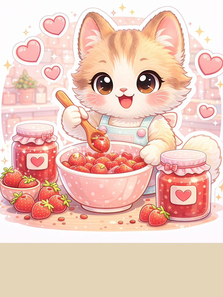 Kawaii Kitten Making Strawberry Jam – Cute Pastel Cat Kitchen Dessert Sticker by Furfolkz