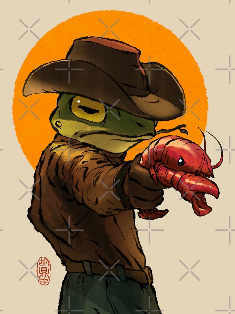 gunslinger cowboy western frog with pistol shrimp crawdad artwork drawing by DingHuArt