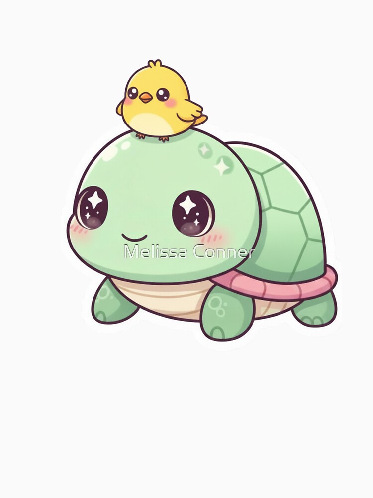 Cute Kawaii Turtle with adorable little puffy yellow bird by Melissa Conner