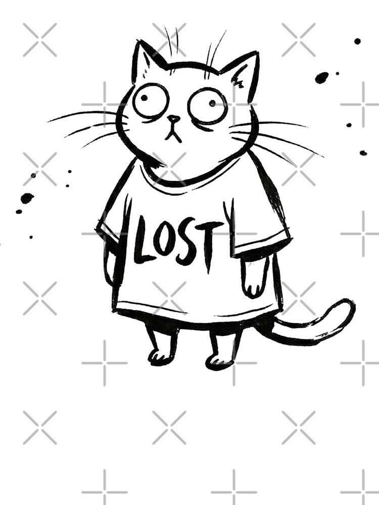Black Ink Cartoon Cat Standing Upright Wearing Oversized Shirt with Bold Text LOST Vintage Style by RTdigitalShop