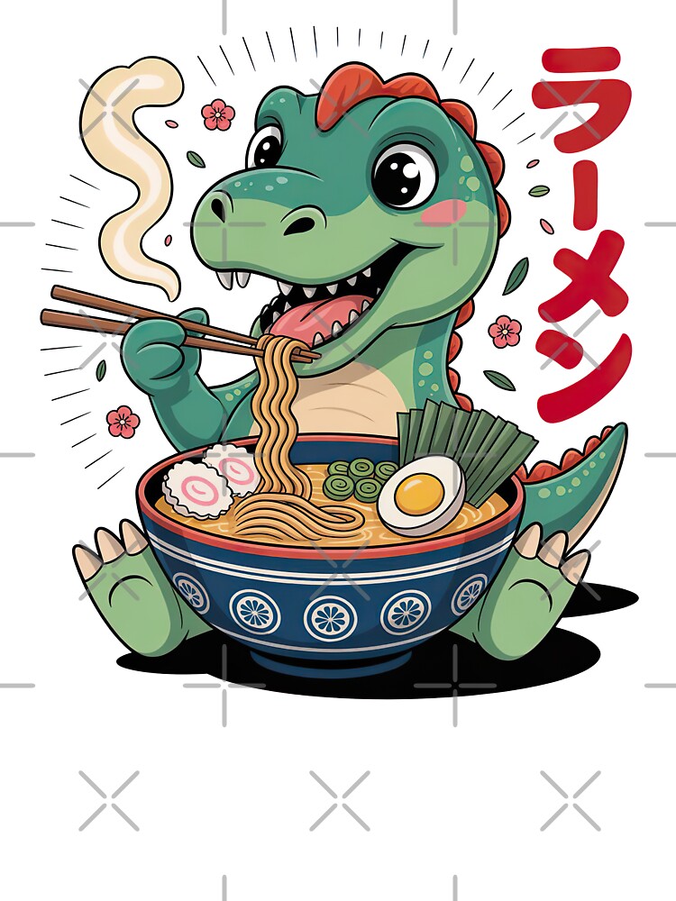 Cartoon Dinosaur, Cartoon Dinosaur Eating Ramen by graphic-genie