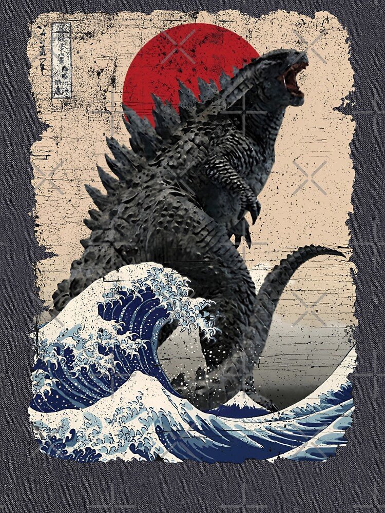 Godzilla Surfing The Great Wave by Hokusai Funny Parody by Robert Diebold