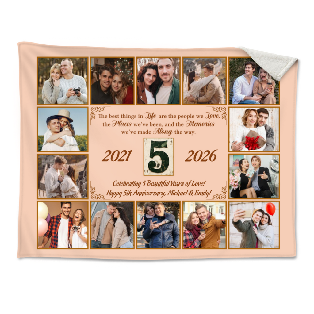 5th Anniversary Photo Blanket, Personalized Anniversary Gift, 5 Years of Marriage Couple Blanket, Custom Wedding Anniversary Keepsake