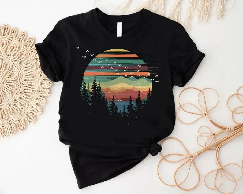 Retro Forest Sunset T-Shirt, Nature Lover Gift