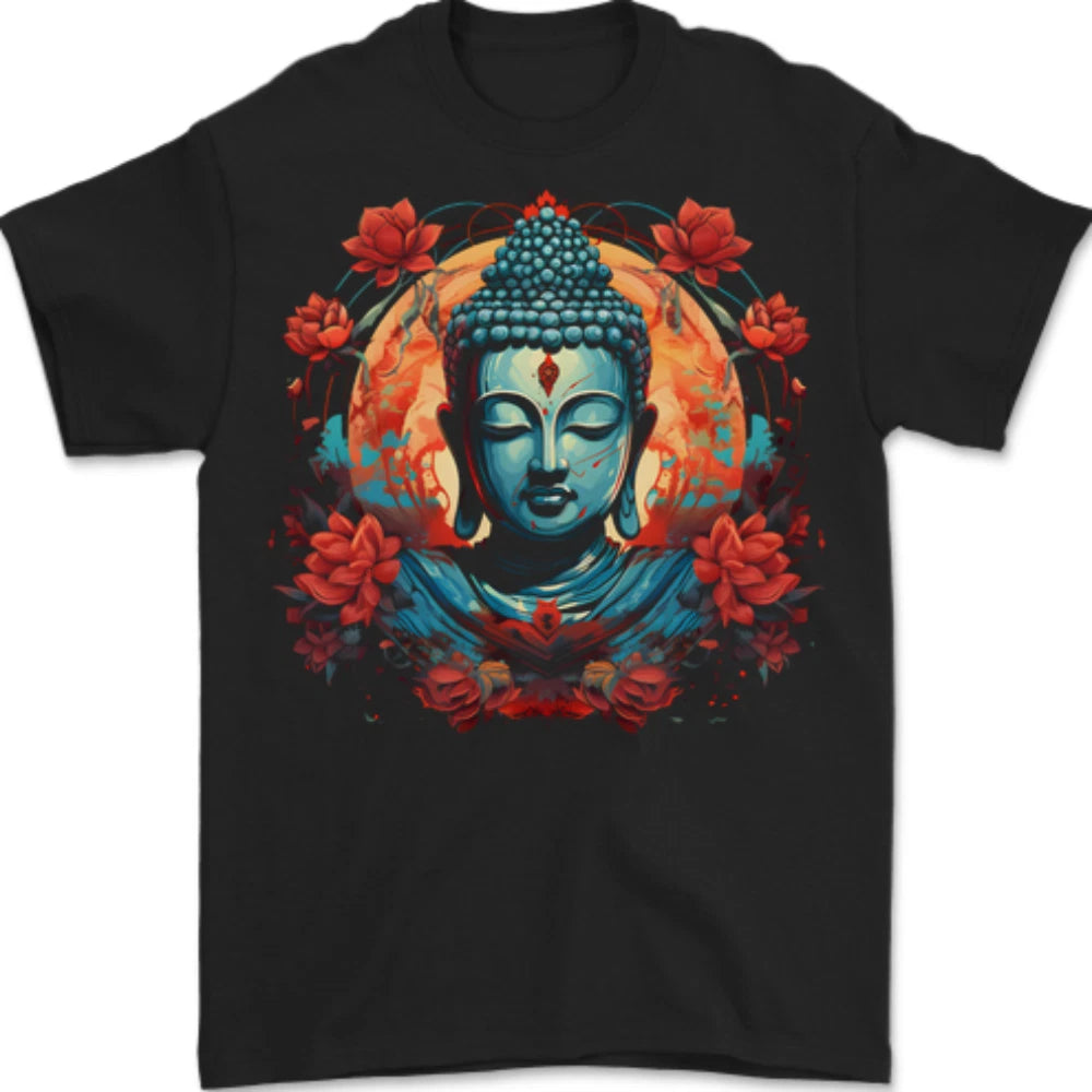Buddha With Lotus Flowers Mens T-Shirt 100% Cotton