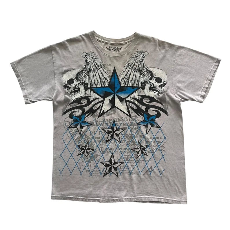 Y2K Grunge Skull Star Wing Tee – Cyber / Punk Style T-Shirt