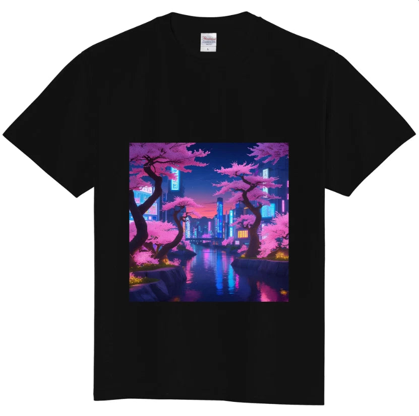 Japanese Sakura Neon City T-Shirt Cyberpunk Night View Graphic Tee Streetwear
