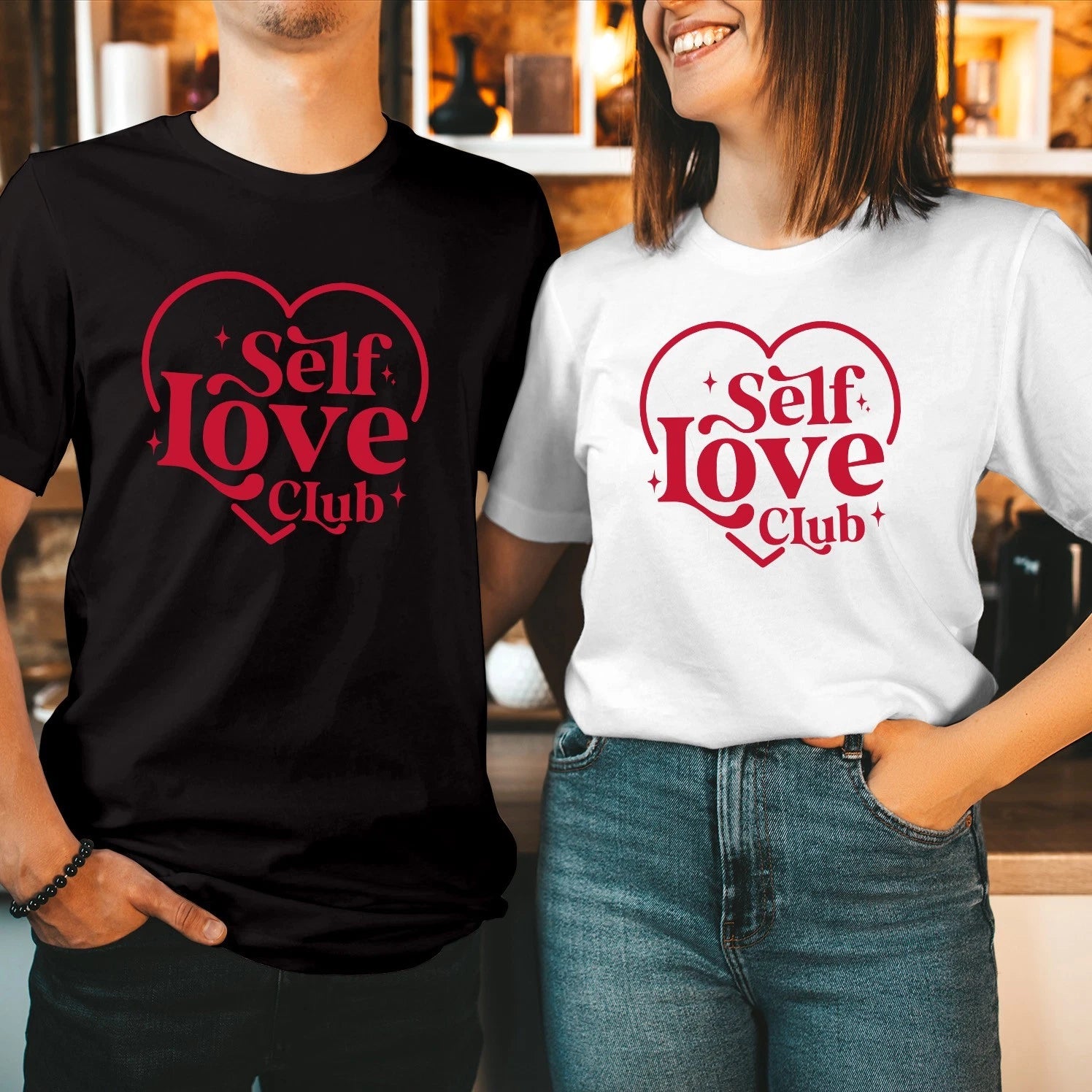 SELF Love CLUB Retro Heart Valentine's Day Couple Matching Gift T-Shirt T-1570