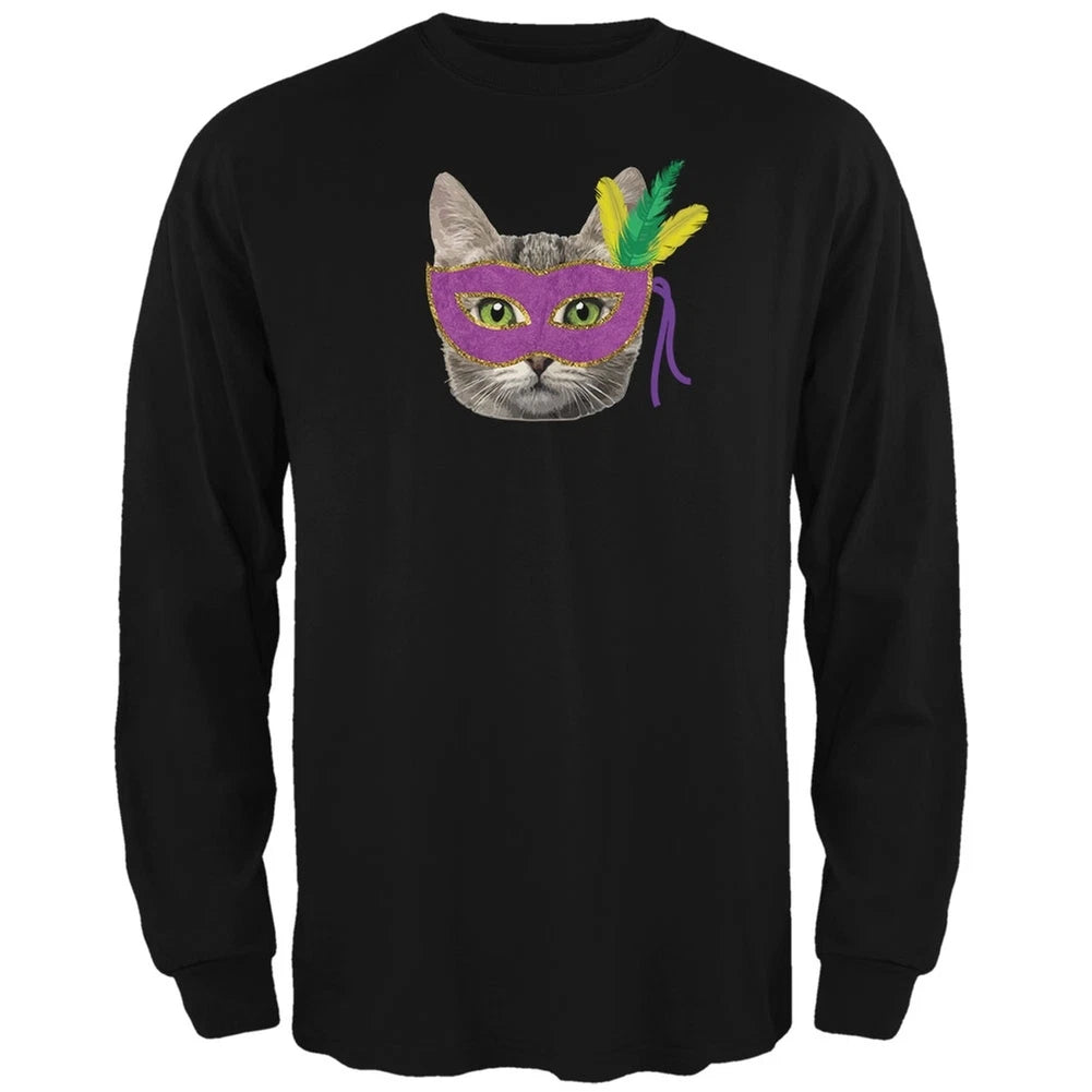 Mardi Gras Mask Funny Cat Black Adult Long Sleeve T-Shirt