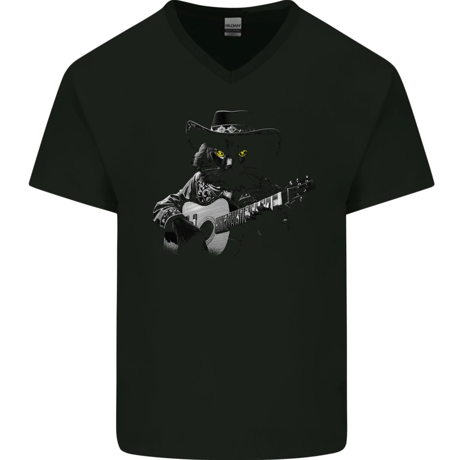 Country & Western Music Cat Acoustic Guitar Mens V-Neck Cotton T-Shirt