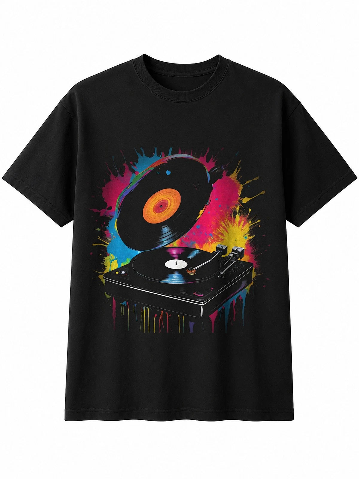 Splatter Art Vinyl Record Player Orbit Retro Y2K Mens T-Shirt Black 100% Cotton