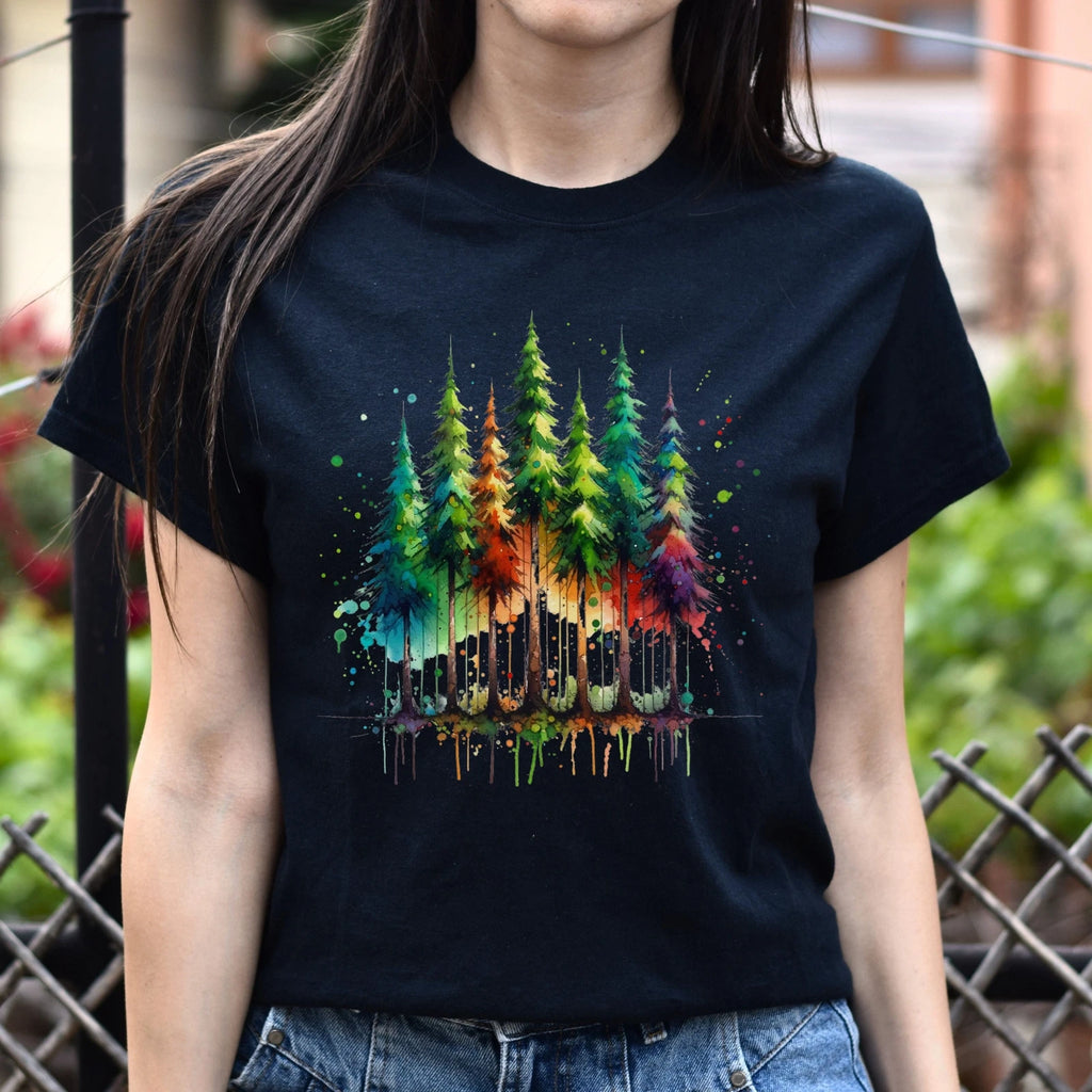 Mysterious Pine tree forest Color Splash Unisex T-shirt Black Navy Dark Heather