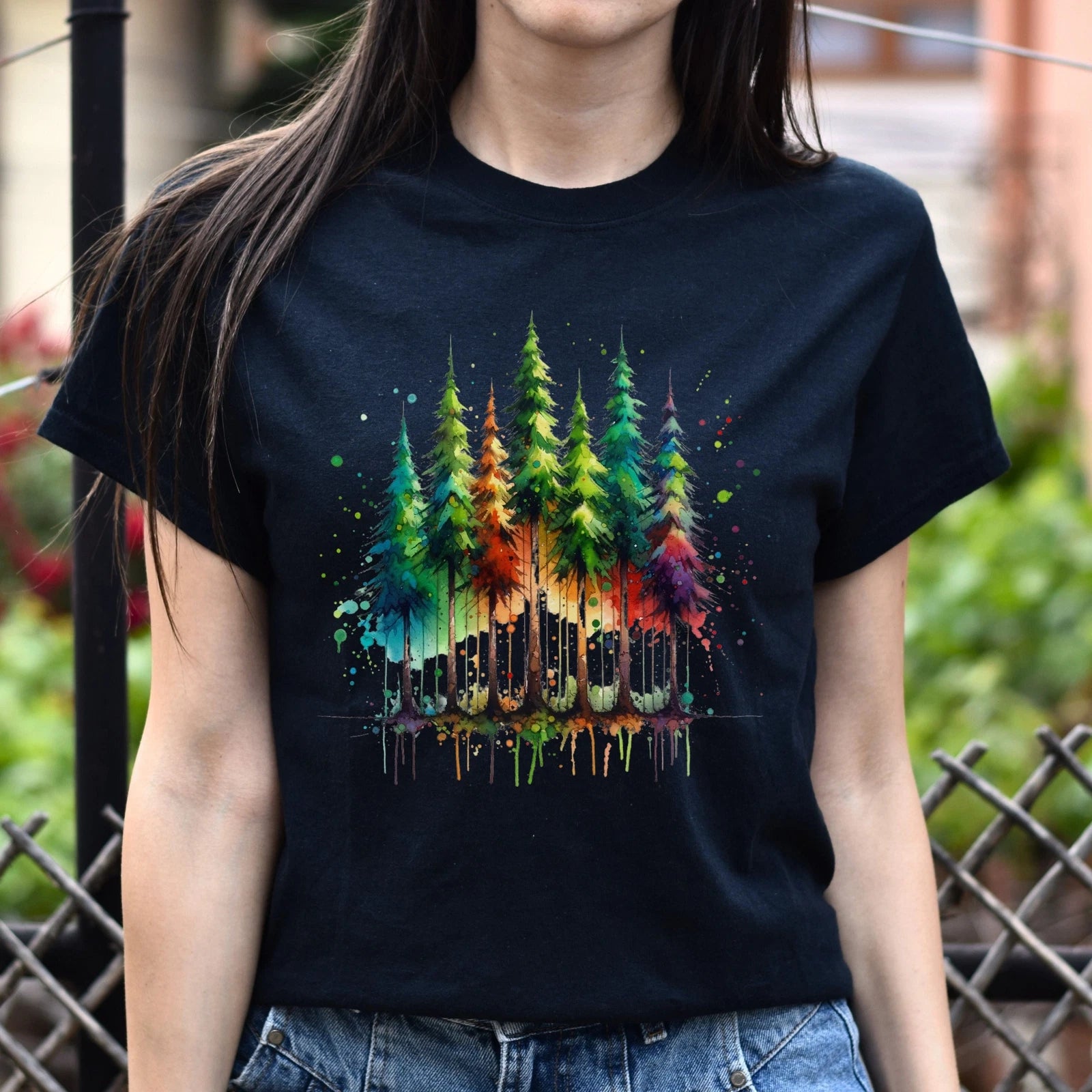 Mysterious Pine tree forest Color Splash Unisex T-shirt Black Navy Dark Heather