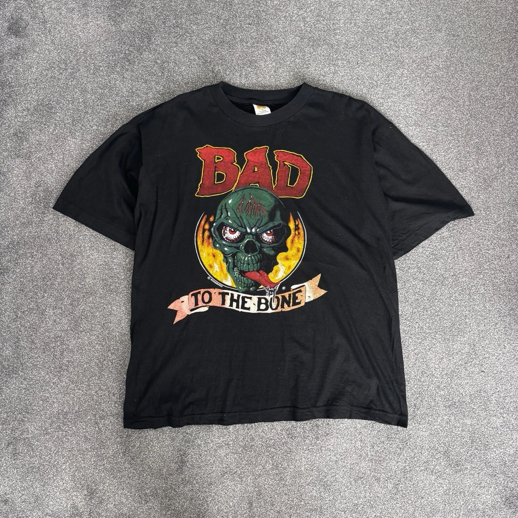 Vintage Bad To The Bone Skull Black T-shirt XL 1980s supatees Punk Rock 80s USA