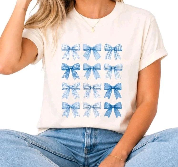Blue Bow Shirt Coquette Preppy Aesthetic Graphic Tshirt Womens Boutique Gift Top