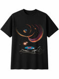 Fantasy Art Vinyl Record Player in Space Mens T-Shirt Retro Y2K Black Top