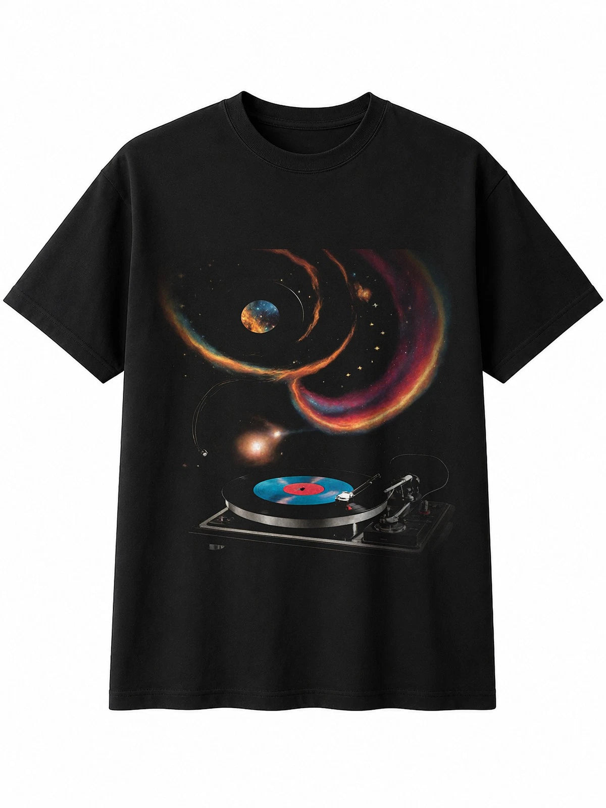 Fantasy Art Vinyl Record Player in Space Mens T-Shirt Retro Y2K Black Top