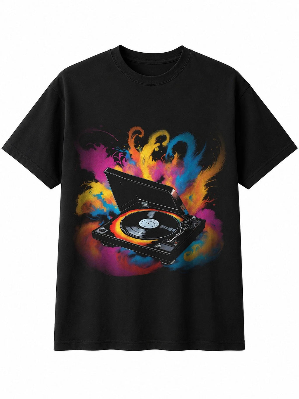 Splatter Art Vinyl Record Player in Smoke Retro Y2K Mens T-Shirt Black 90s