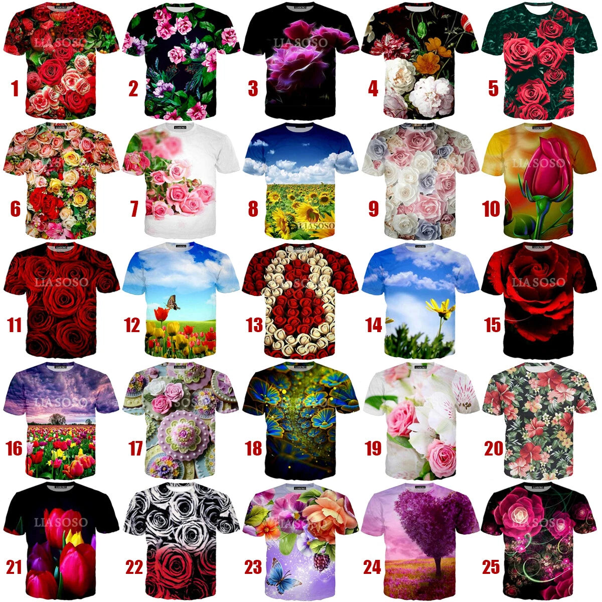 Women Men T-Shirt 3D Print Short Sleeve Tee Tops Beautiful Rose Flower Pattern
