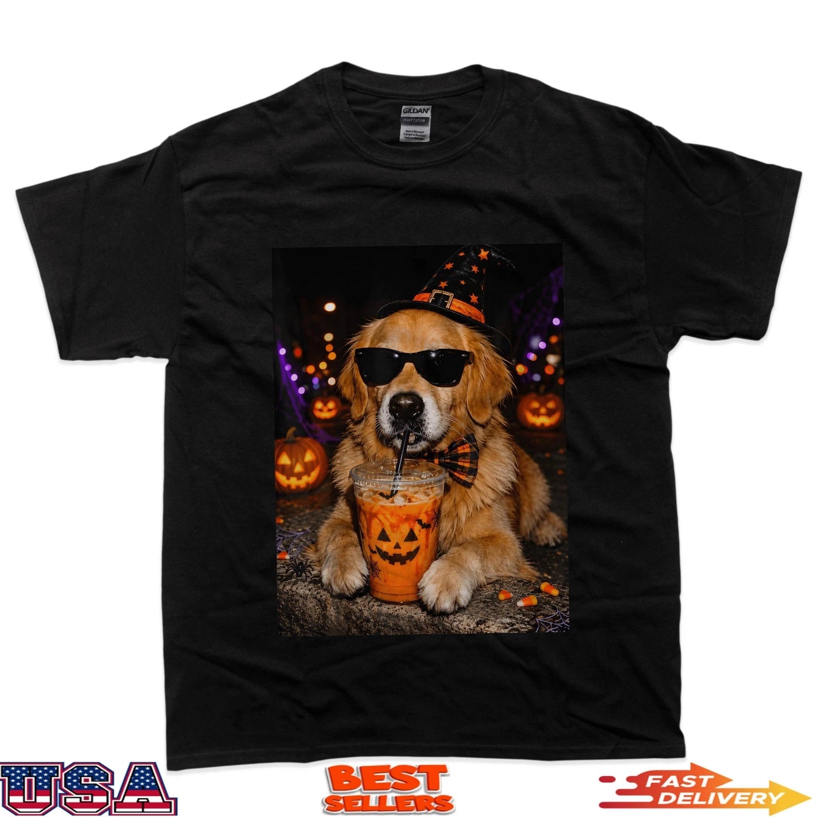 Golden Retriever Drinking Iced Coffee Funny Halloween Dog T-Shirt