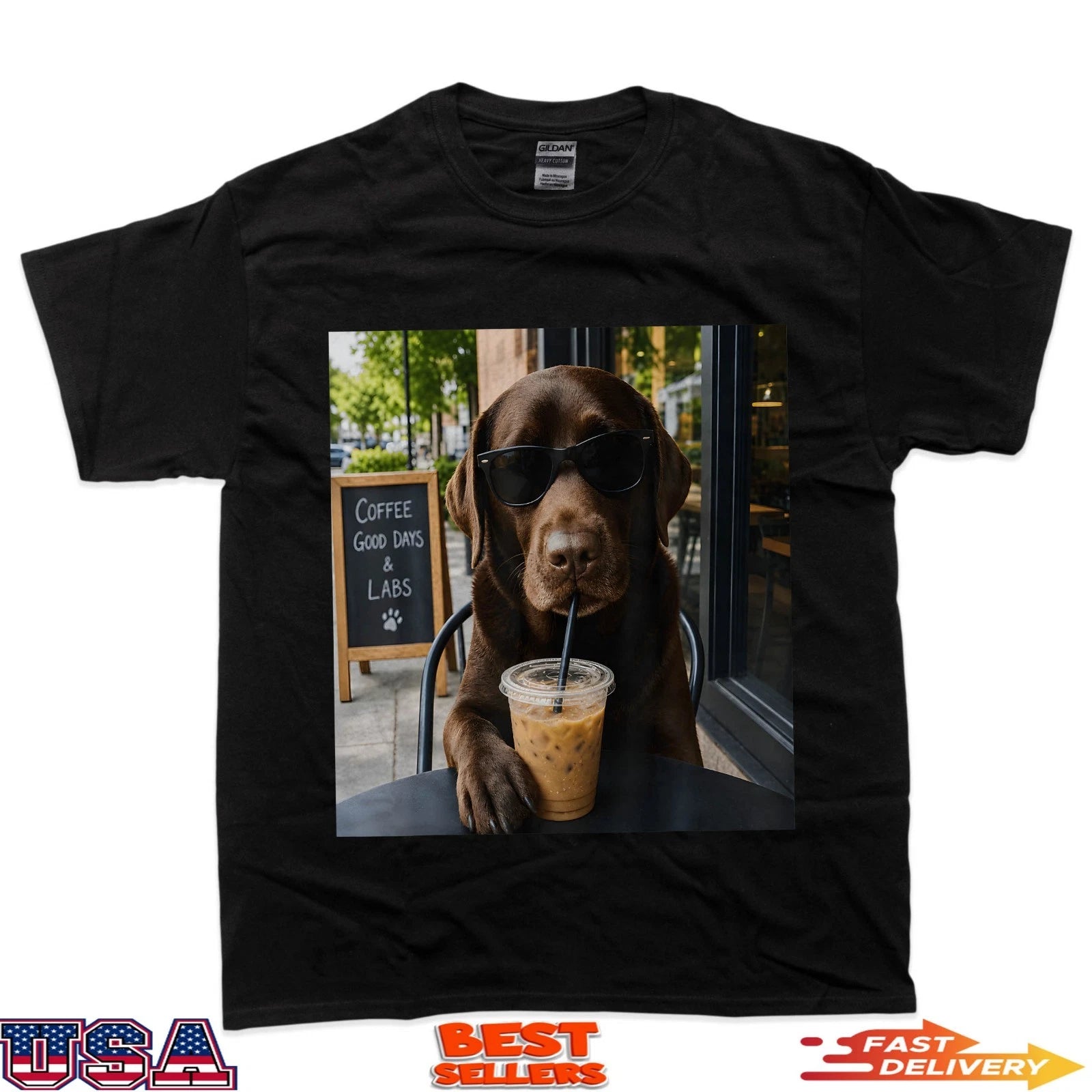 Chocolate Lab Coffee Funny Dog Cafe Lover Art T-Shirt
