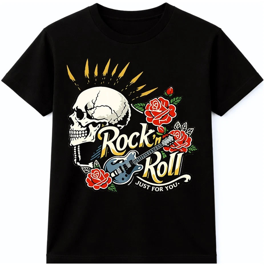 Rock N Roll Skull Guitar Roses Punk Music Band Vintage Graphic T-Shirt.