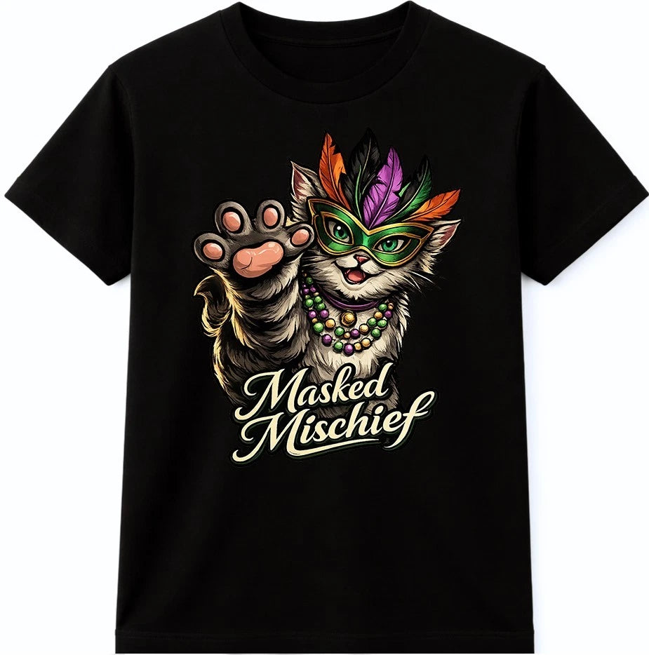 Masked Mischief Cat Mardi Gras Carnival Mask Kitten Feathers Fun Graphic T-Shirt