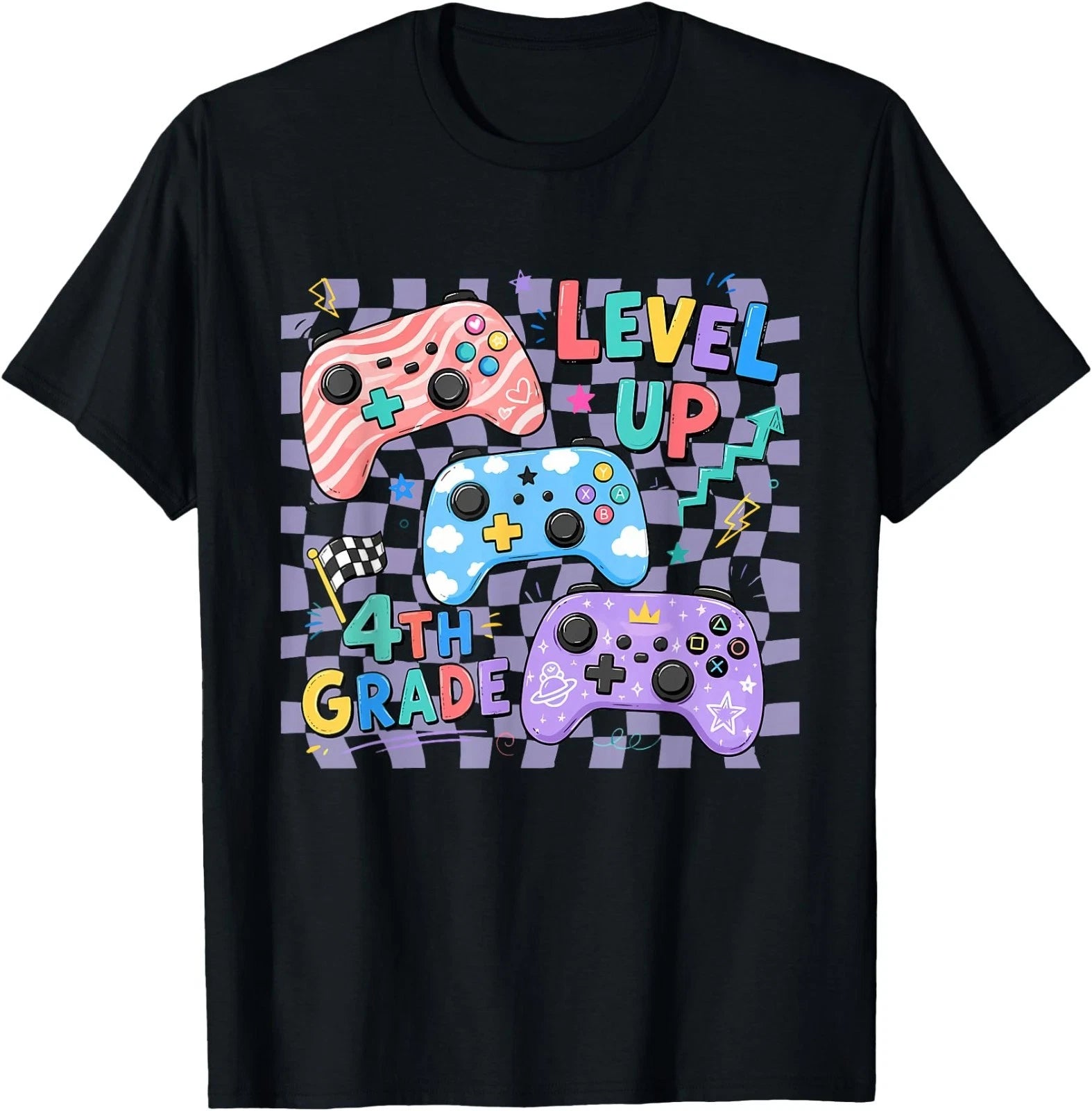 Retro Checkered Level Up 4th Grade Gamer Back to School Cute T-Shirt