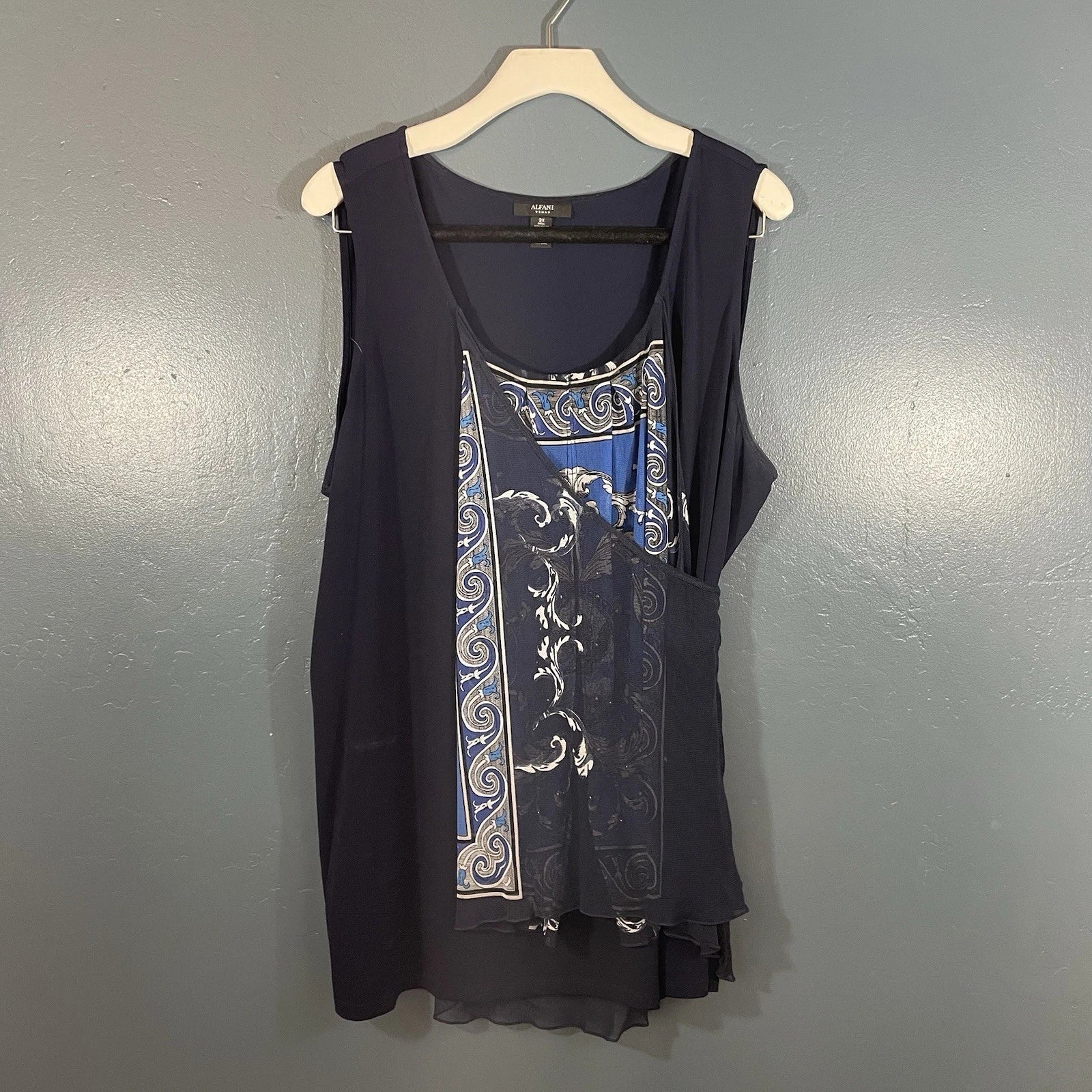 Alfani Women’s Blue Sleeveless Faux Wrap Blouse Size 3X
