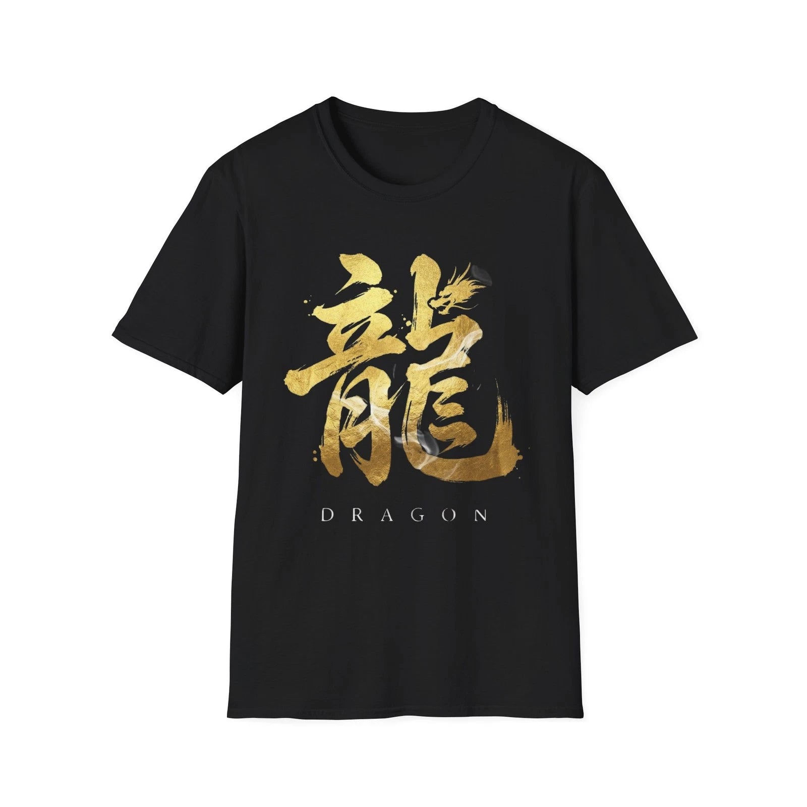 Japanese Dragon T-Shirt Gold Kanji Chinese Calligraphy Asian Graphic Tee Men