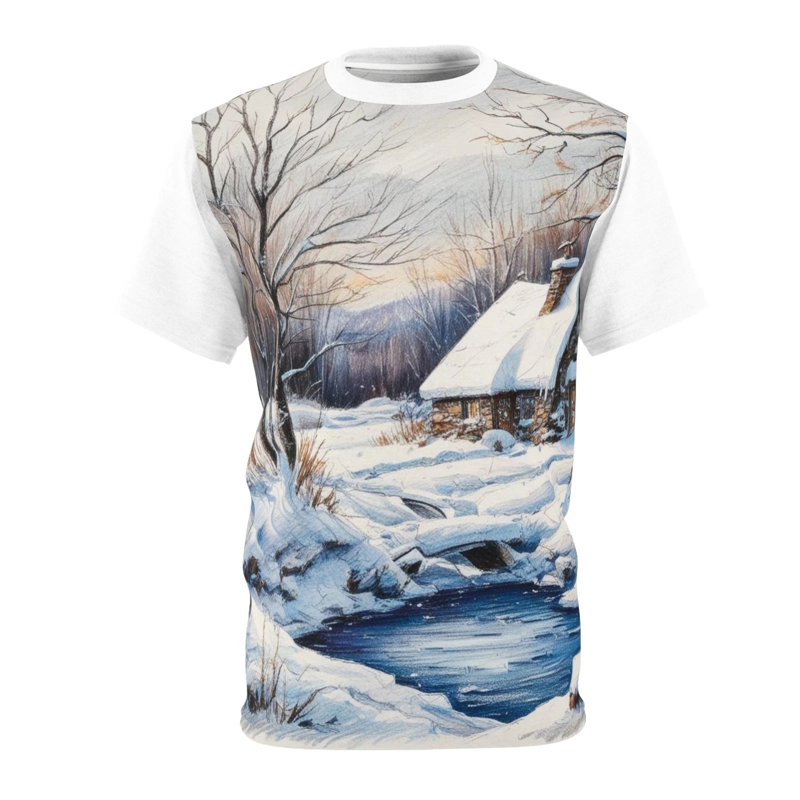 Winter Wonderland Unisex Cut & Sew Tee - Cozy Cabin Scene