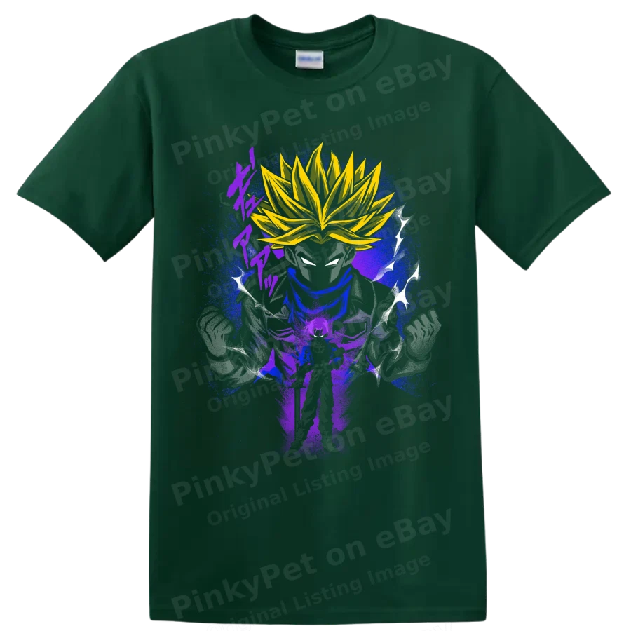 Anime Warrior T Shirt w Golden Hair Purple Energy Aura Lightning Battle Graphic