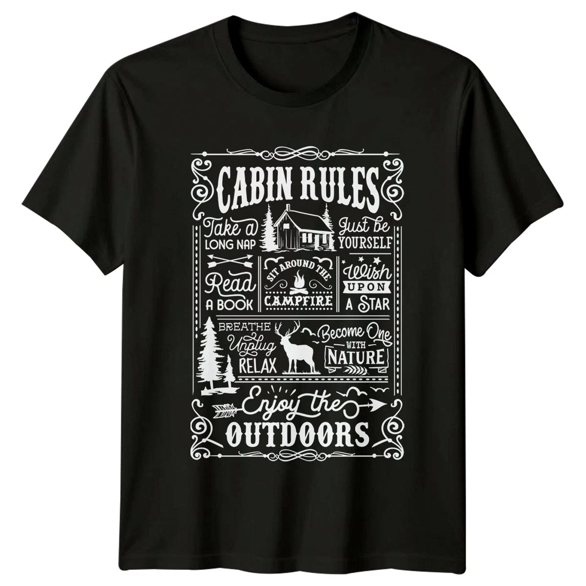 Cabin Rules Outdoor Nature Camping Mens T-Shirt Womens Tee Graphic Top