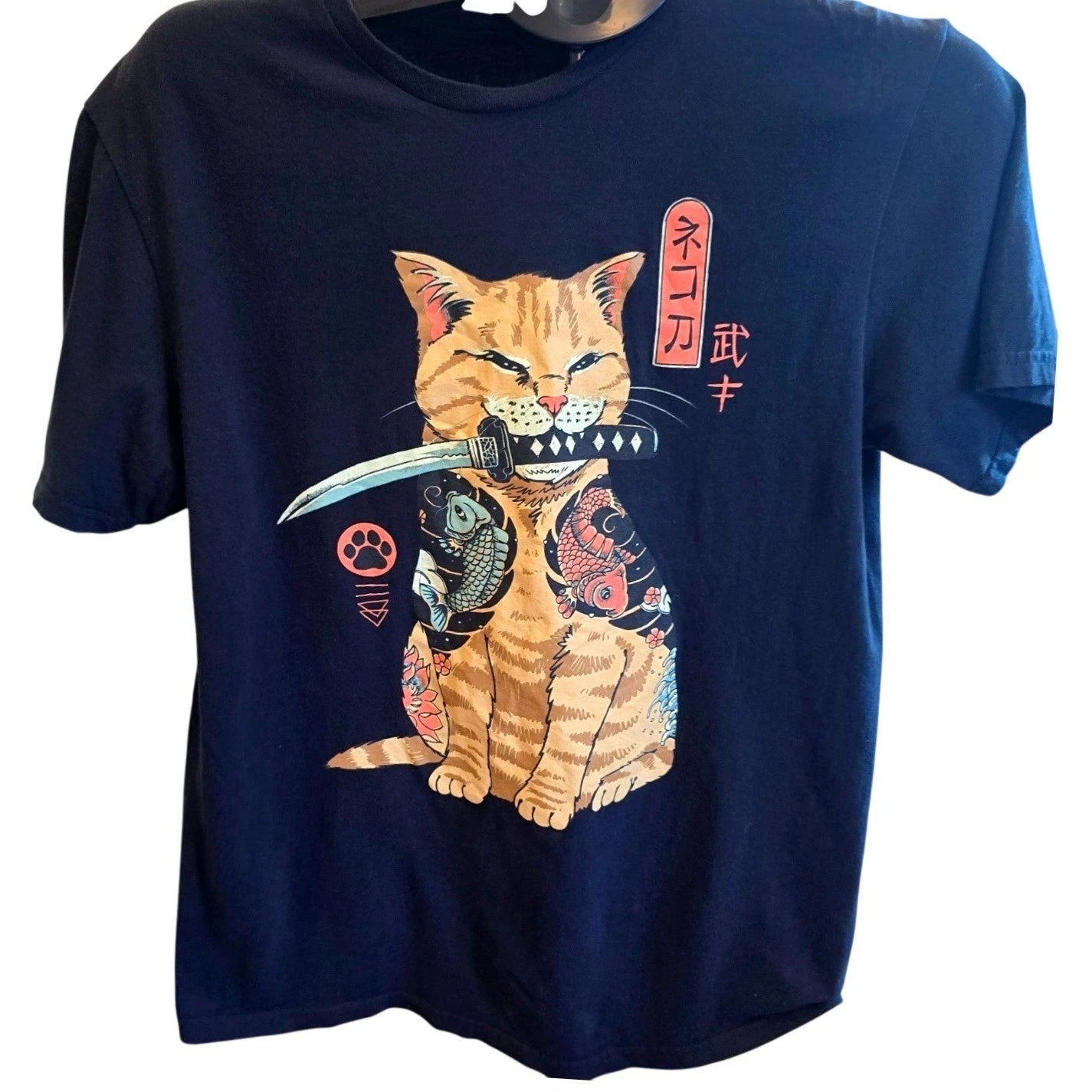 Threadless Shirt M Vincent Trinidad Tattoo Cat Katana Samurai Black Graphic Tee
