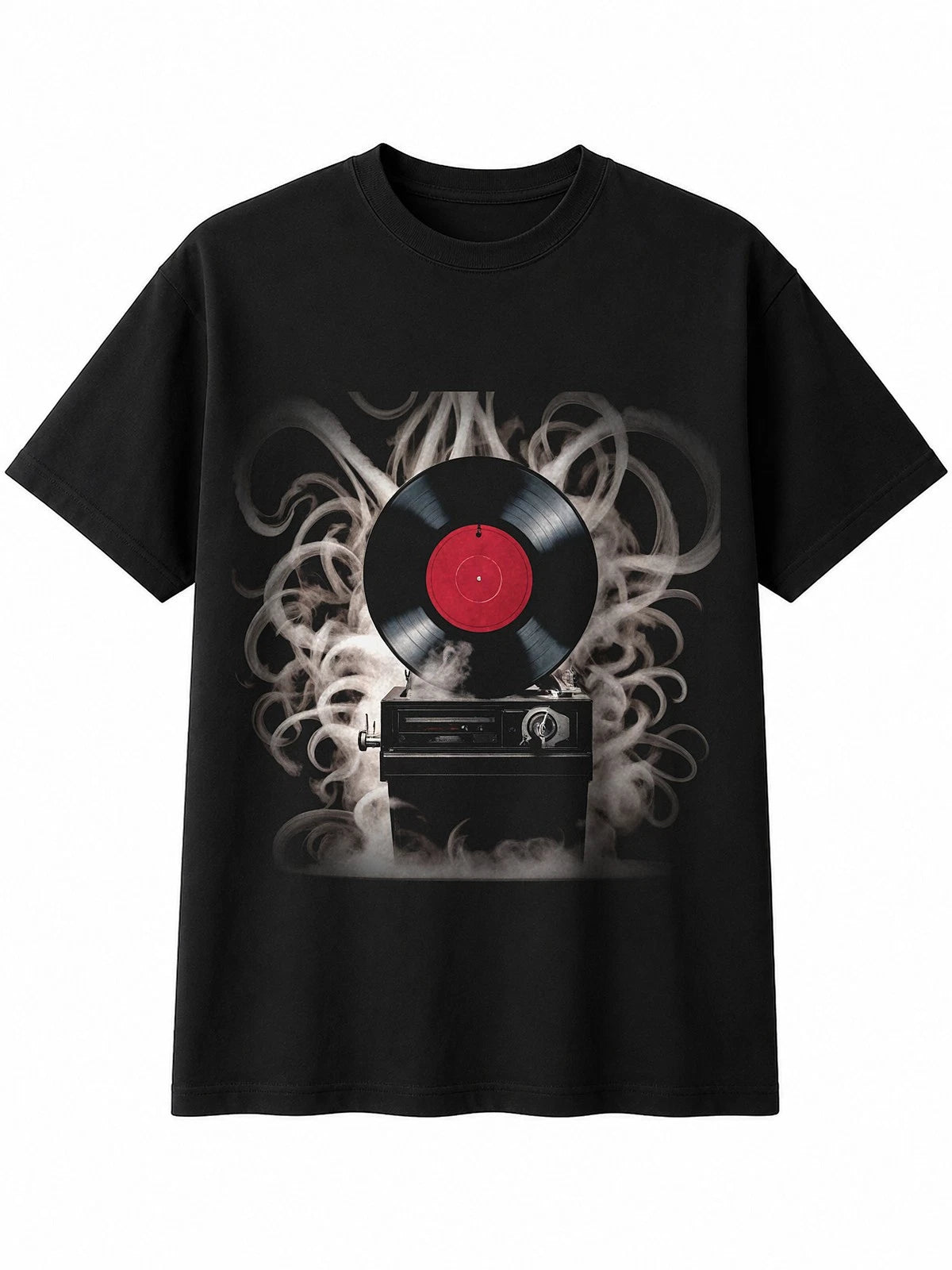 Vinyl Record Player Ink Art Retro Y2K Mens T-Shirt Black 100% Cotton 90s
