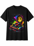 Splatter Art Vinyl Record Player Torn Retro Y2K Mens T-Shirt Black 100% Cotton