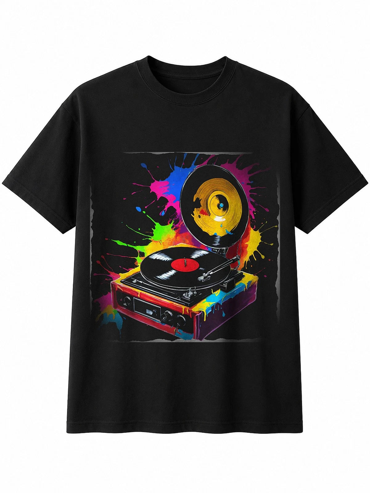 Splatter Art Vinyl Record Player Torn Retro Y2K Mens T-Shirt Black 100% Cotton