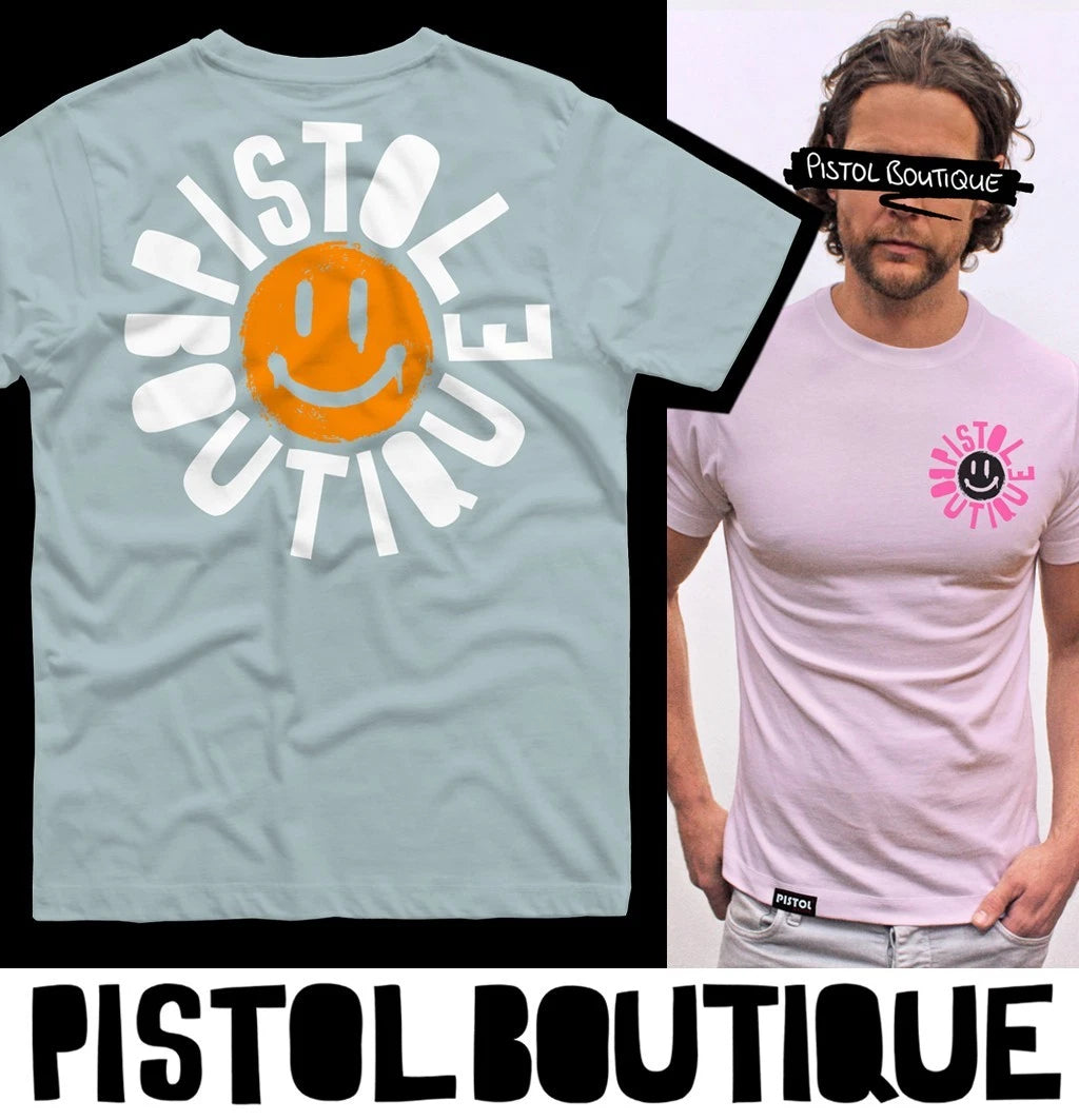 Pistol Boutique Summer Beach Holiday HAPPY FACE SUN LOGO Crew T-shirt BACK PRINT