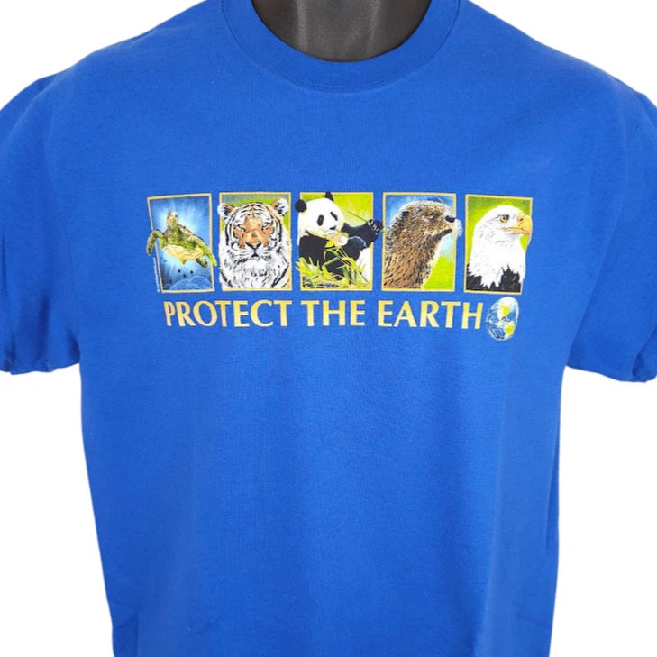 Protect The Earth T Shirt Mens Size Medium Blue Eagle Tiger Panda Otter Turtle