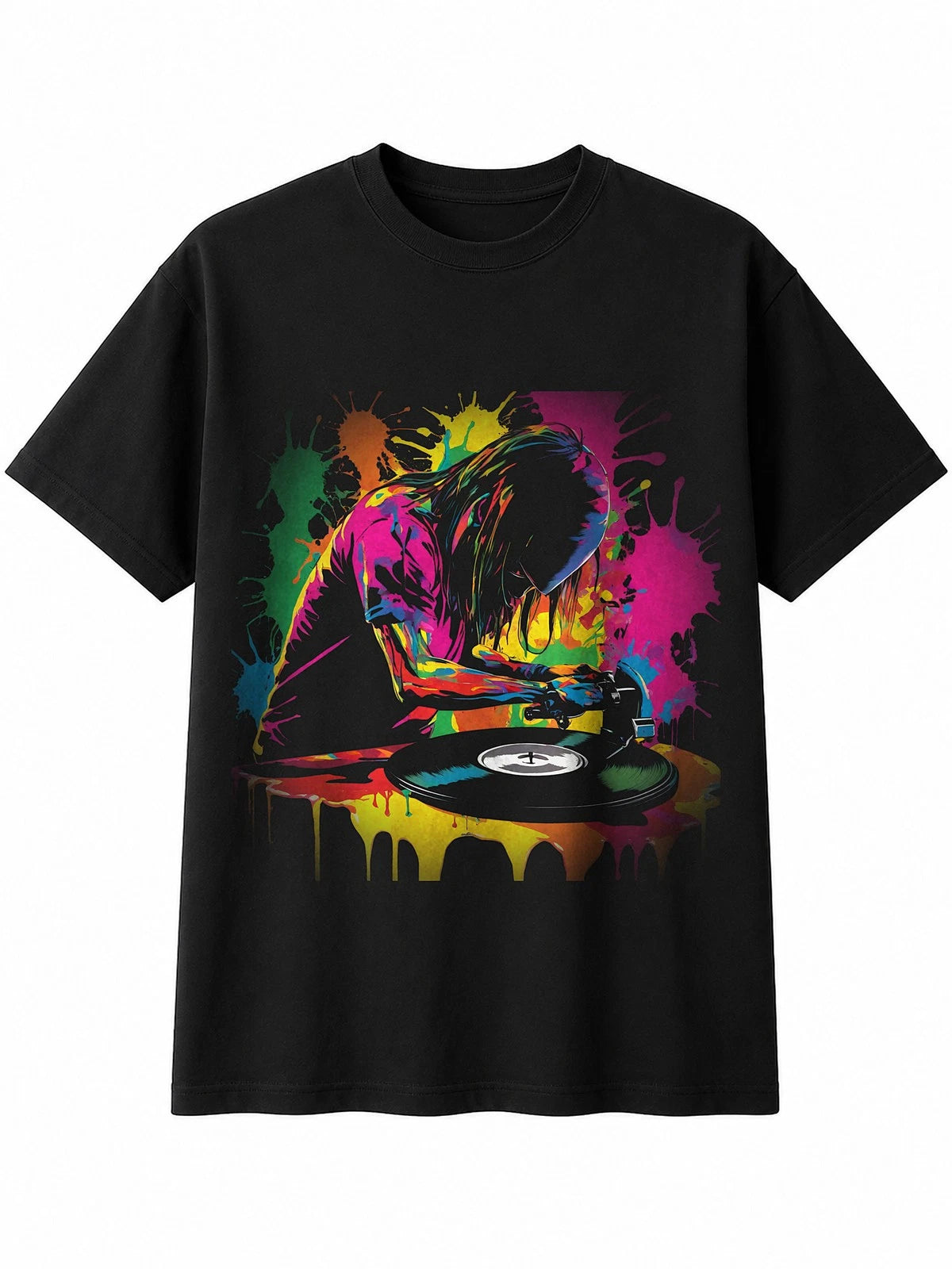 Vinyl Record Player Splatter Art Retro Y2K Mens T-Shirt Black 100% Cotton