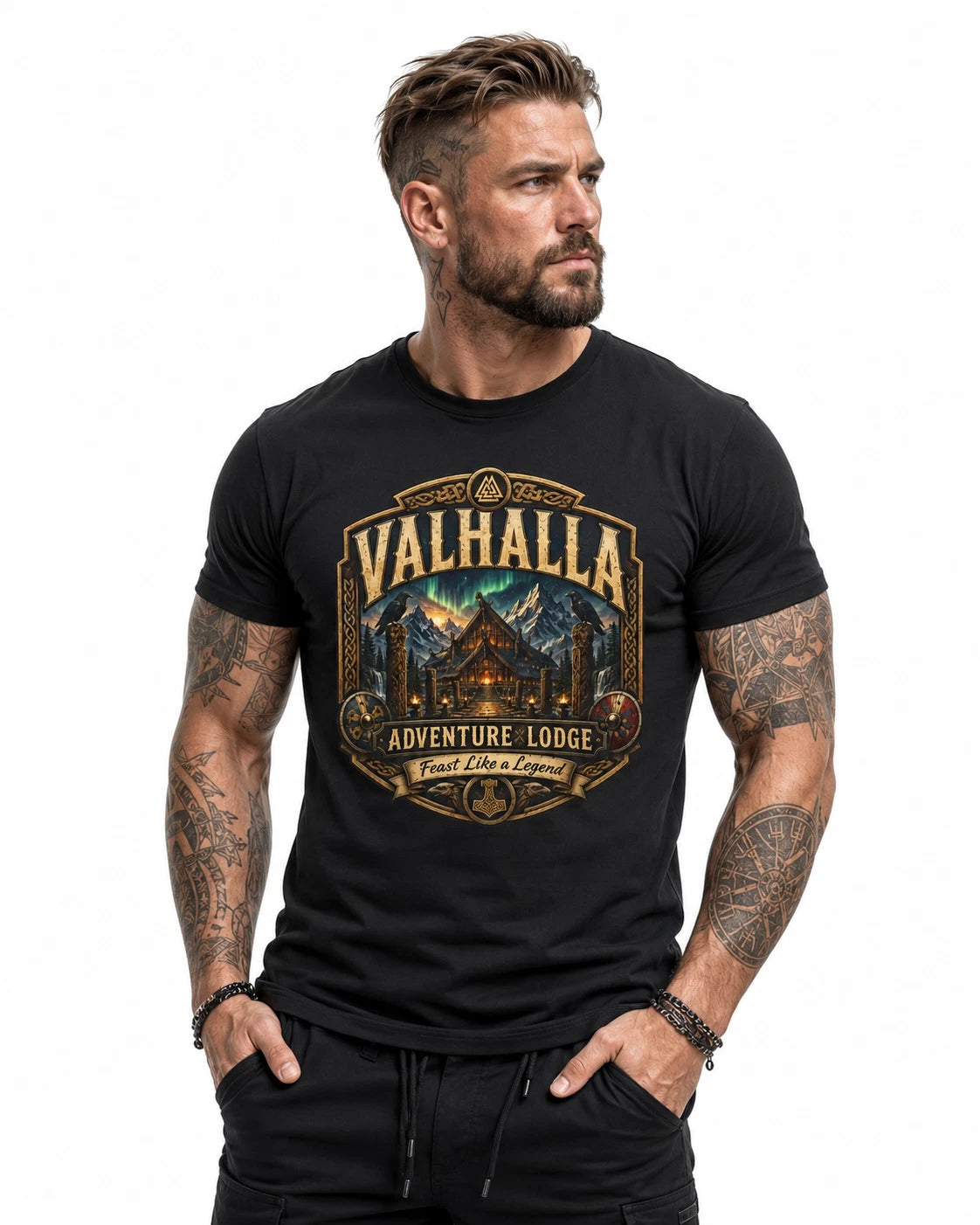 Valhalla Adventure Lodge T-Shirt | Viking Mountain Cabin Tourist Graphic Tee