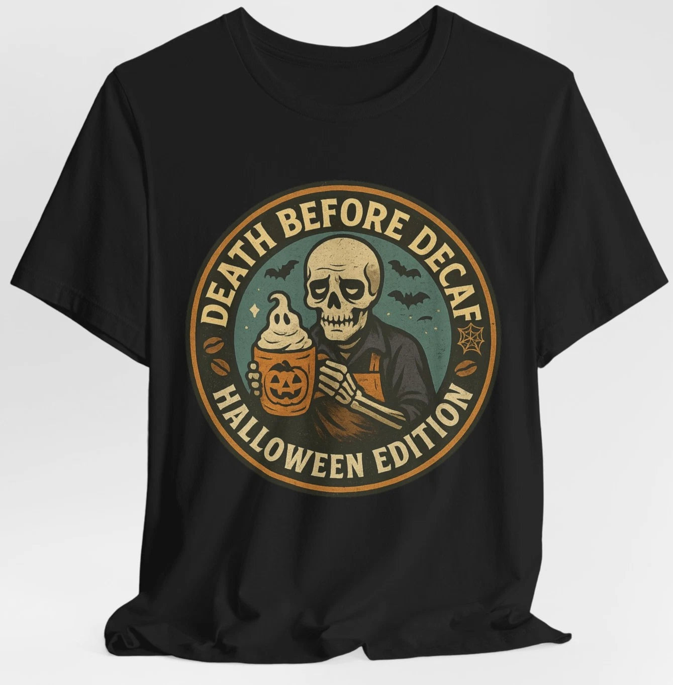 Death No Decaf Halloween Coffee T-Shirt Skeleton Pumpkin Spice Latte Tee