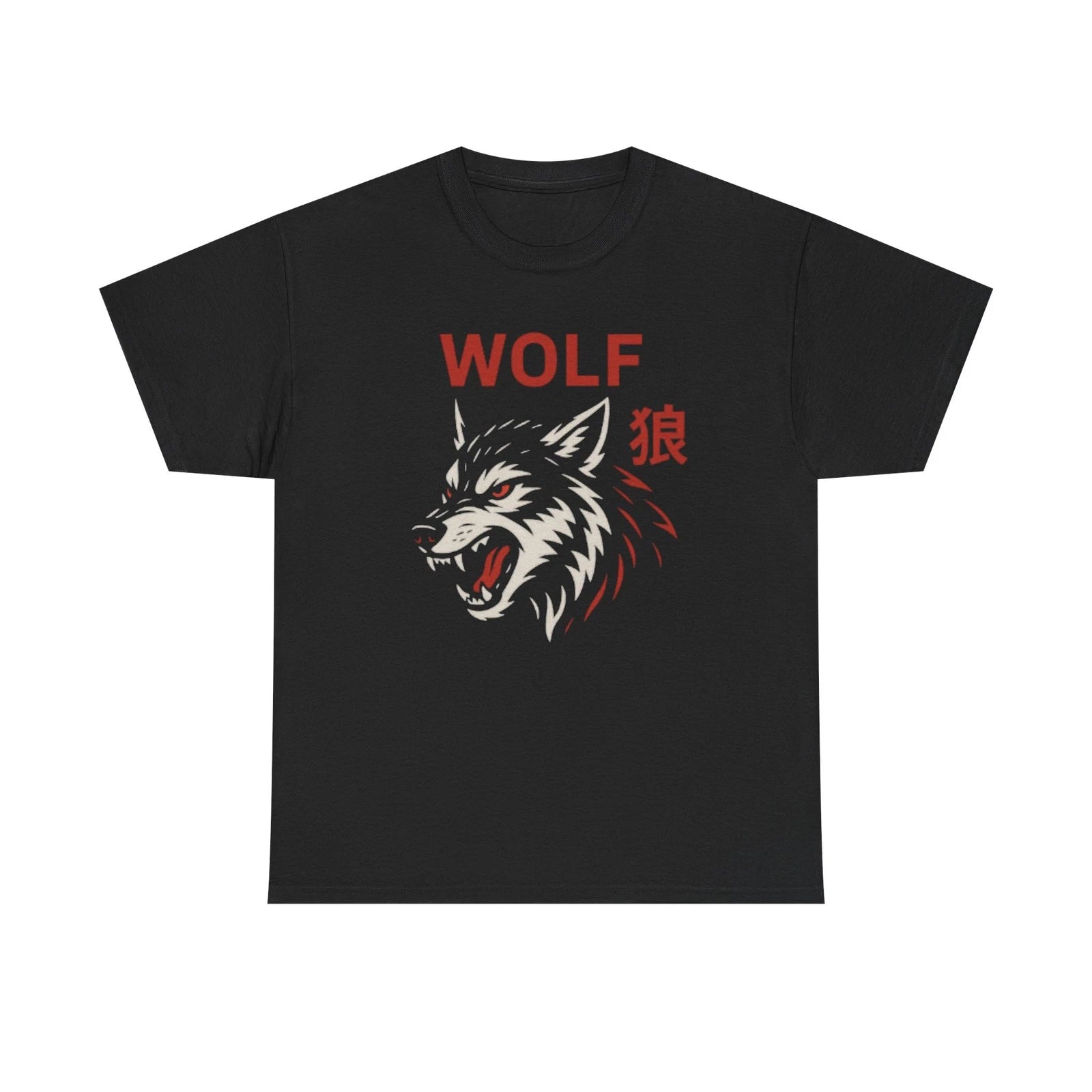 Wolf Head Graphic Tee | Aggressive Wolf Illustration, Japanese Kanji