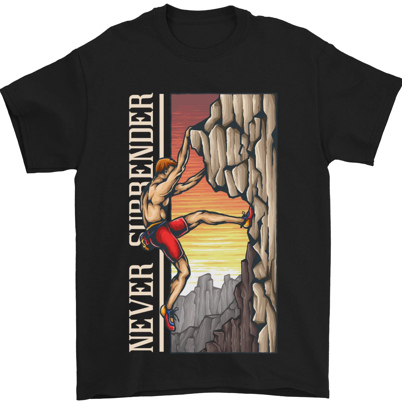 Never Surrender Rock Climbing Climber Mens T-Shirt 100% Cotton