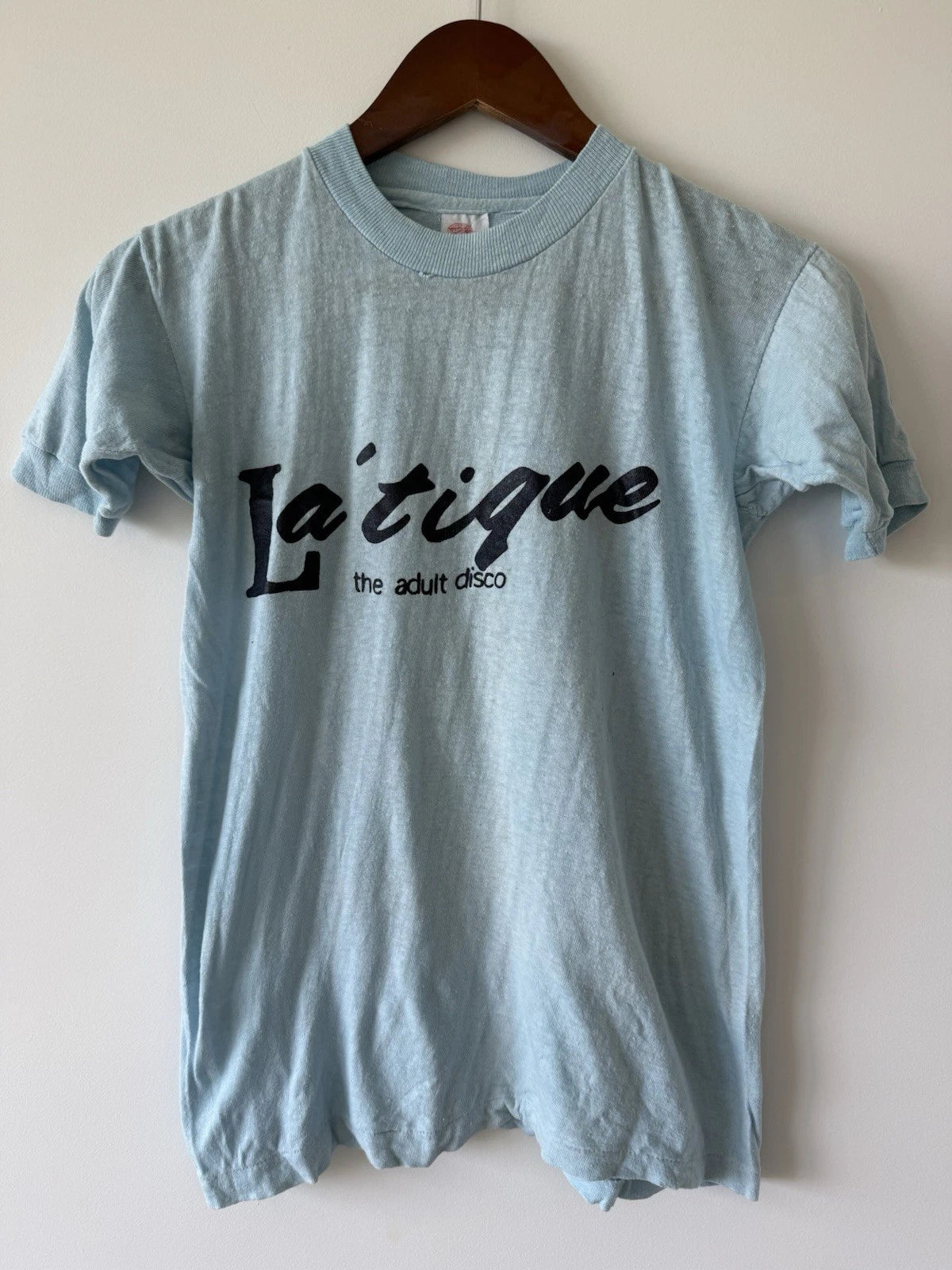 VINTAGE 70s LaTique Adult Disco Retro Light Blue T-Shirt
