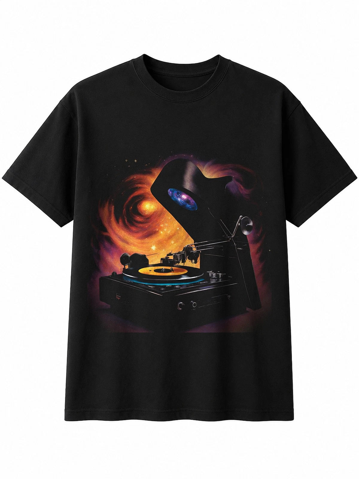 Fantasy Art Vinyl Record Player in Space Retro Y2K Mens T-Shirt Black 90s