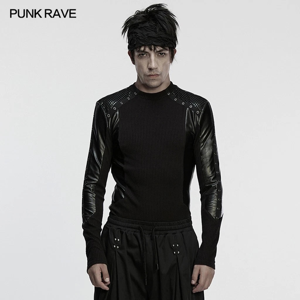 Punk Rave Men Black Gothic Cyberpunk Striped Long Sleeve T-Shirt Slim Fit Tops