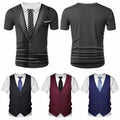 Men's Short Sleeve Shirt Suit Vest Tie Fake Two-Piece 3D Print T-Shirt Tux Tops